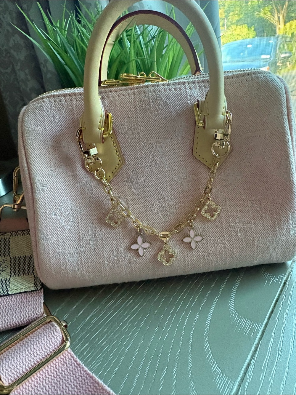 FASHION Pink Denim Satchel 20 with 2 straps and charms - Picture 2 of 16